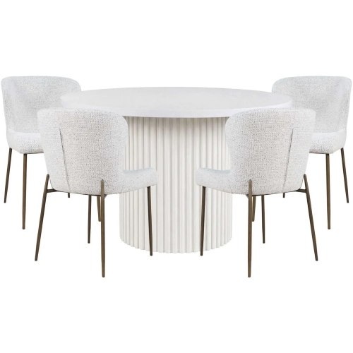 Auden 5 Piece Dining Set in White Wood, Gray Fabric & Brass